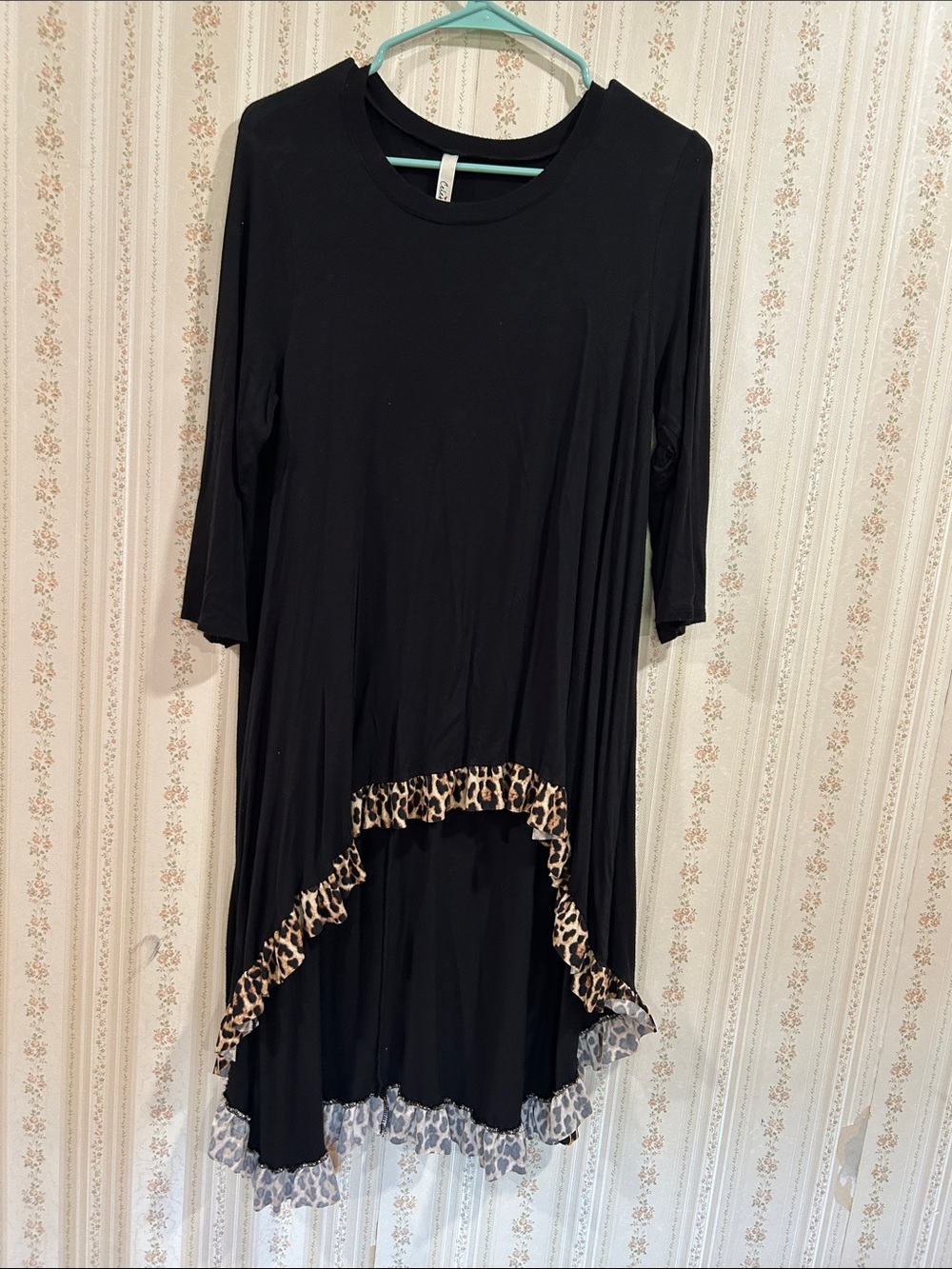 Black High-Low Tunic Top with Leopard Trim
